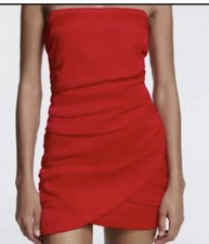 ZARA NEW WOMAN  MINI ASYMMETRIC Top Satin DRESS Ruched Red Small S