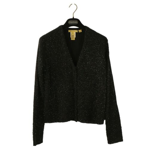 Donna Karan Signature Beaded Black V-neck Mohair Blend Cardigan Sweater M - Afbeelding 1 van 4