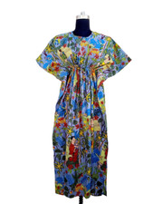 Indian Gray Long Frida Print Cotton Hippie Maxi Women Nightwear Caftan Dress