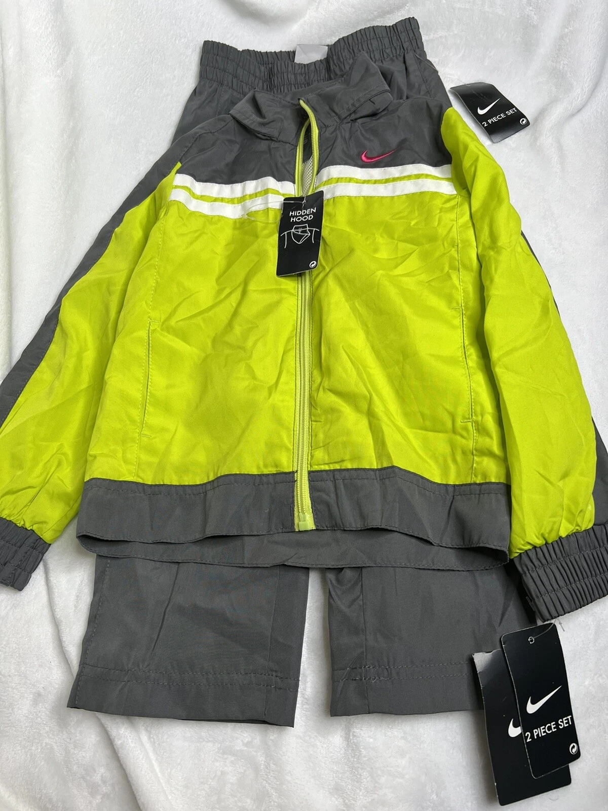 NIKE Little Girl's Tracksuit Jacket Joggers Outfit 2-Piece Set Grey Neon Green 5