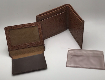 Vintage MAS Ostrich Leather Bifold Wallet Set Made in USA Brown