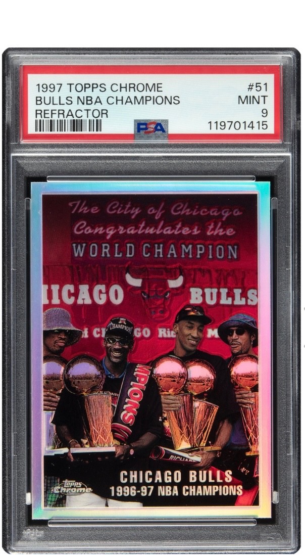 1997-98 TOPPS CHROME CHICAGO BULLS NBA CHAMPIONS 51 REFRACTOR PSA 9 MINT JORDAN 