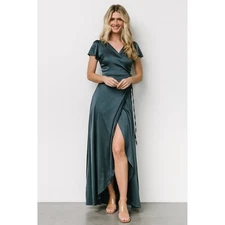 Baltic Born NWOT Krystal Satin Wrap Maxi Dress Flutter Sleeve Deep Blue Teal M