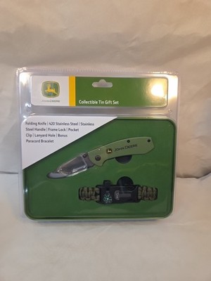 John Deere TecX Tin Set Folding Knife 420 Stainless Steel And Paracord Bracelet 