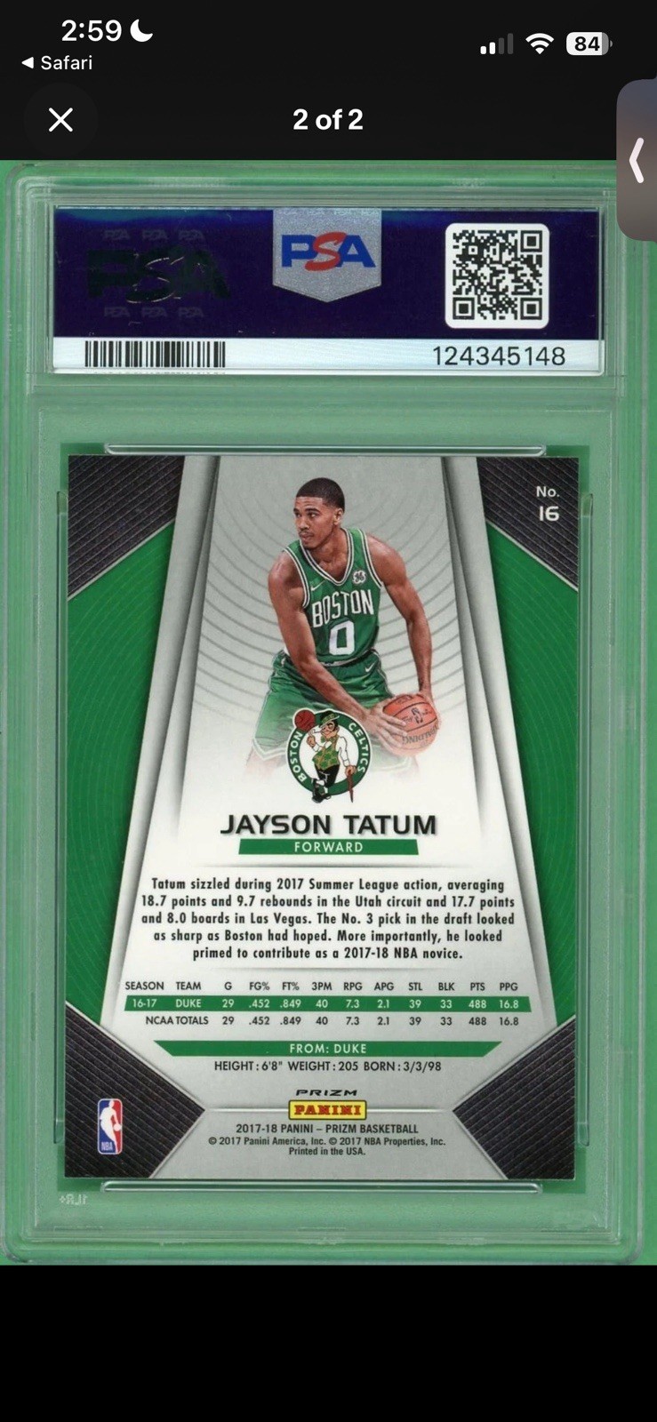 2017-18 Panini Prizm - Jayson Tatum #16 Silver Prizm (RC) view 3