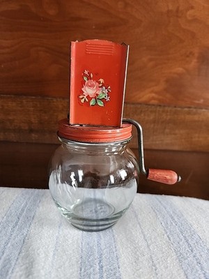 Vintage Hazel Atlas Nut Chopper Grinder 5935 Glass Metal Red Floral Decal 1940s 