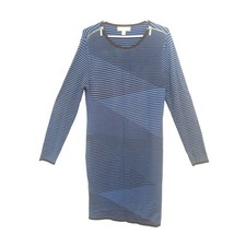 Michael Kors Blue Black Stripe Knit Dress Zipper Detail Size L