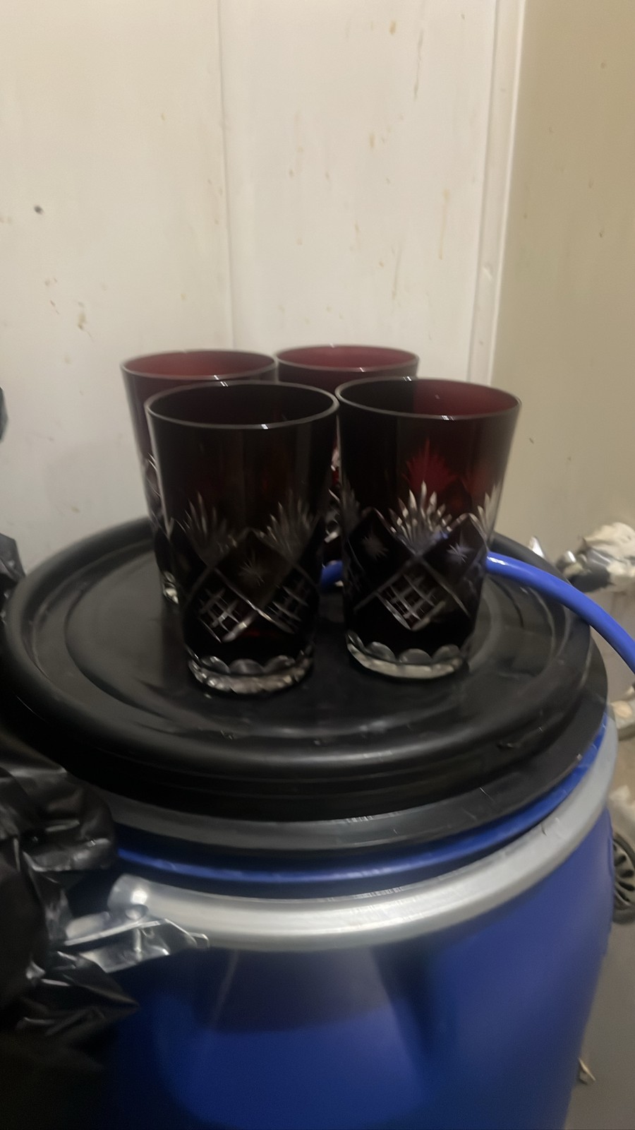 Set of 4 Bohemian Ruby Red Cut to Clear Crystal Tumbler Glasses