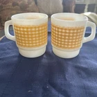 Set 2 Vintage  Anchor Hocking Fire King Yellow Gingham Milk Glass Coffee Mugs