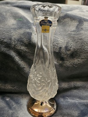 William Adams Czech Crystal Cut Glass Floral Rose Vase Clear/Gold Base 8 in