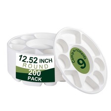 9 Compartment Round Biodegradable Divided Plates, Pack of 200, 12.52" Diameter--