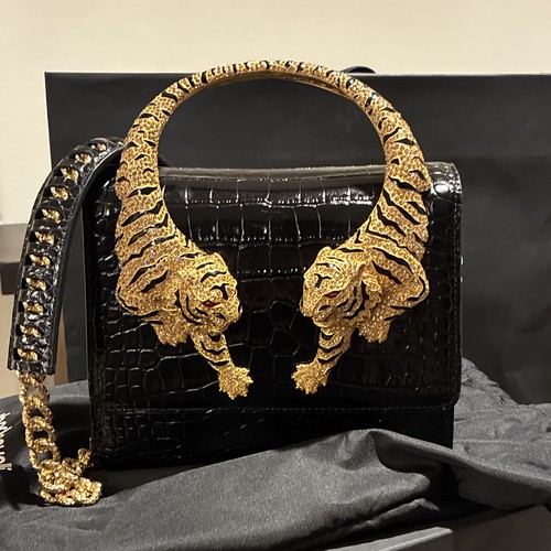Roberto Cavalli Large Top Handle Bag Black Flap Tiger Chain Detachable Strap