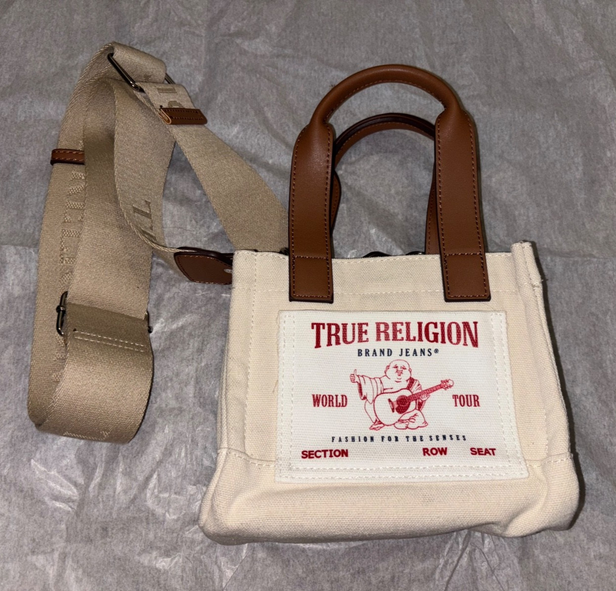 True Religion Mini Logo Tote Bag w/ Shoulder Strap Natural Travel Crossbody Used