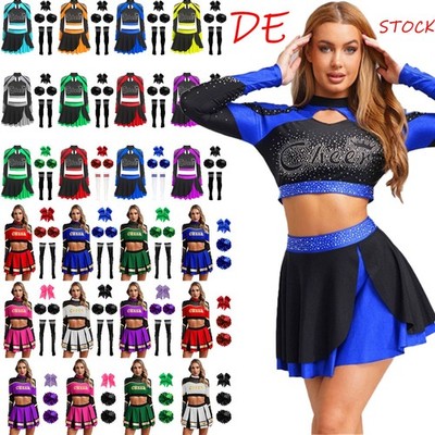 DE Damen Cheer Leader Kostüm Set Cheerleading Uniform mit Pompoms Crop Top Party