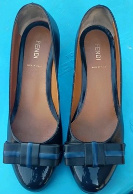  Authentic  Fendi Womens  black bow Vero Cuoio heels Pumps Sz 38 Italy 