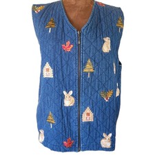 Alfred Dunner Denim Vest Quilted Embroidered Forest Bunny Rabbit Theme M Relaxed