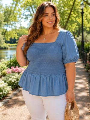 Sweet Rain Denim Chambray Peplum Top 2X Smocked Square Neck Boho Cottagecore NWT