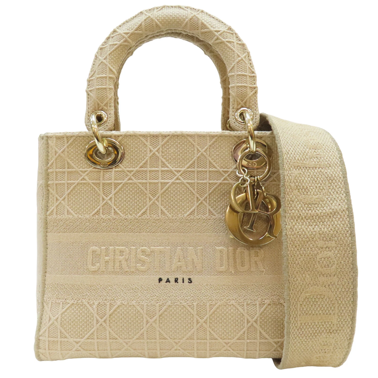 Sac à main bandoulière Dior Medium Lady D Lite beige cannage toile brodée