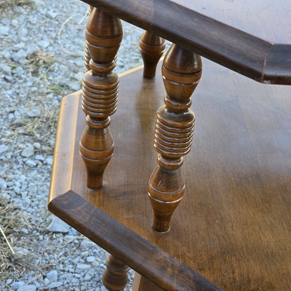 Vintage Mid Century Antiqued Pine Two-Tier Octogonal Side Table - Image 4 of 4