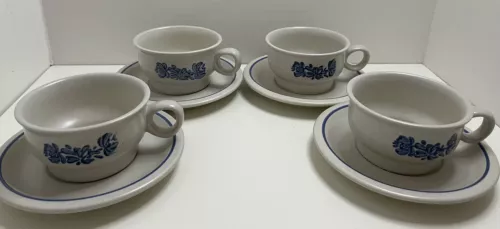 Set of 4 VINTAGE PFALTZGRAFF Blue Flower "YORKTOWN"  Coffee Cups & Saucers