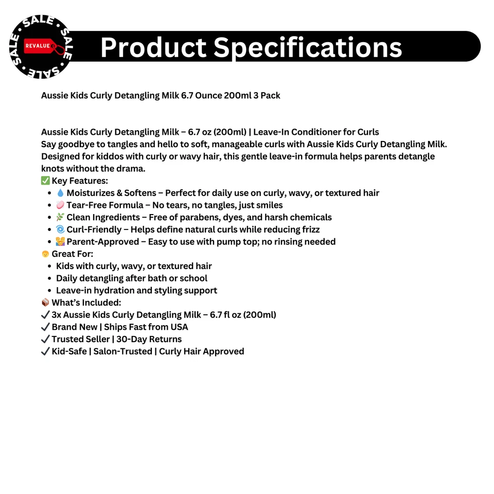 Aussie Kids Curly Hair Detangling Milk – 6.7oz Leave-In Conditioner 200ml 3 Pack - Image 2 of 4