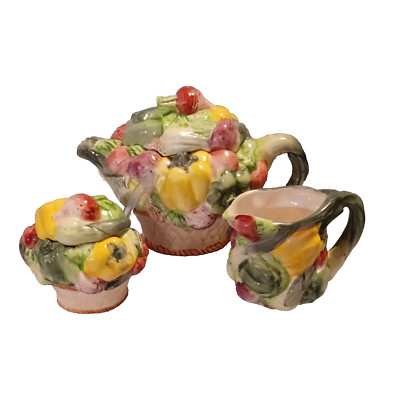 World Bazaar Teapot Cream and Sugar Set Vegetables Spring Garden Vintage