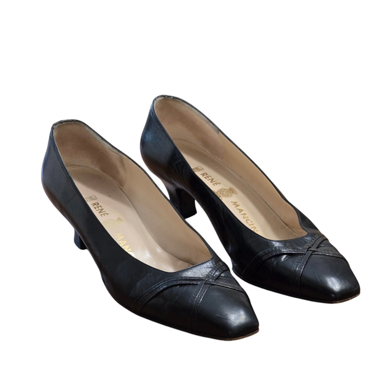 navy blue dress shoes heels square toe RENE MANCINI Navy Blue Leather Block Heels Slip On Square Toes Women Shoes  EU40