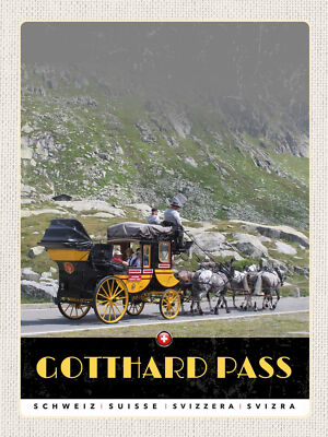 Holzschild 30x40 Gotthard Pass Schweiz Pferdekutsche  Wand Deko Cafe Sammler Ges