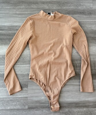 Princess Polly Tan Ribbed Bodysuit Size 4 Mock Neck Long Sleeve Small Top Boho