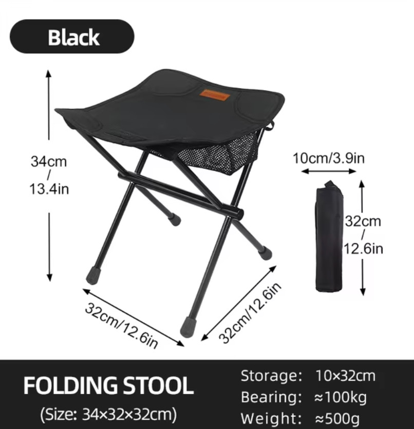 Mini Chaise Pliante Noire de Pêche et Camping Ultralégère pour Adulte 25cm