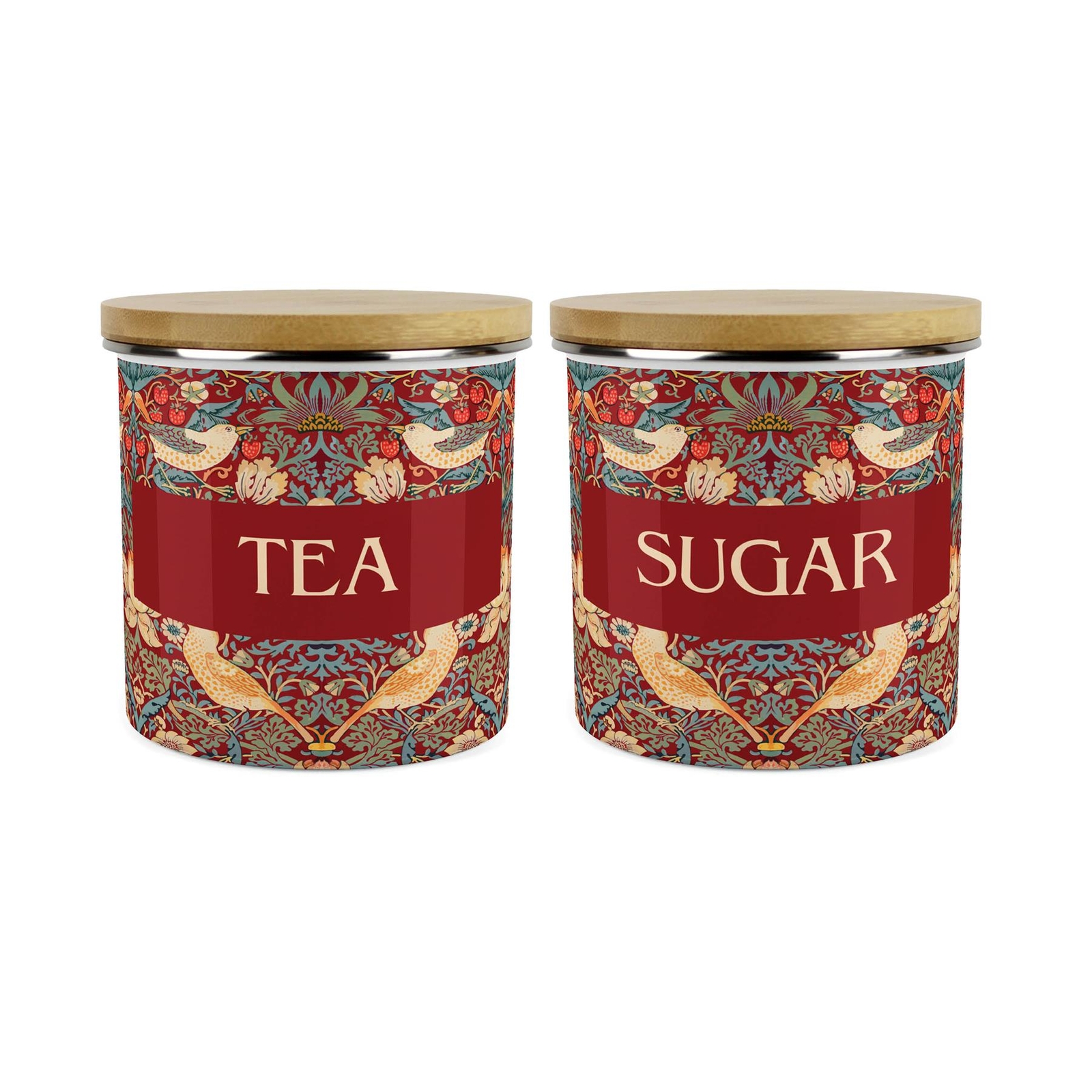 Red Strawberry Thief Tea & Sugar Storage Canisters Set - Homewares Gifts