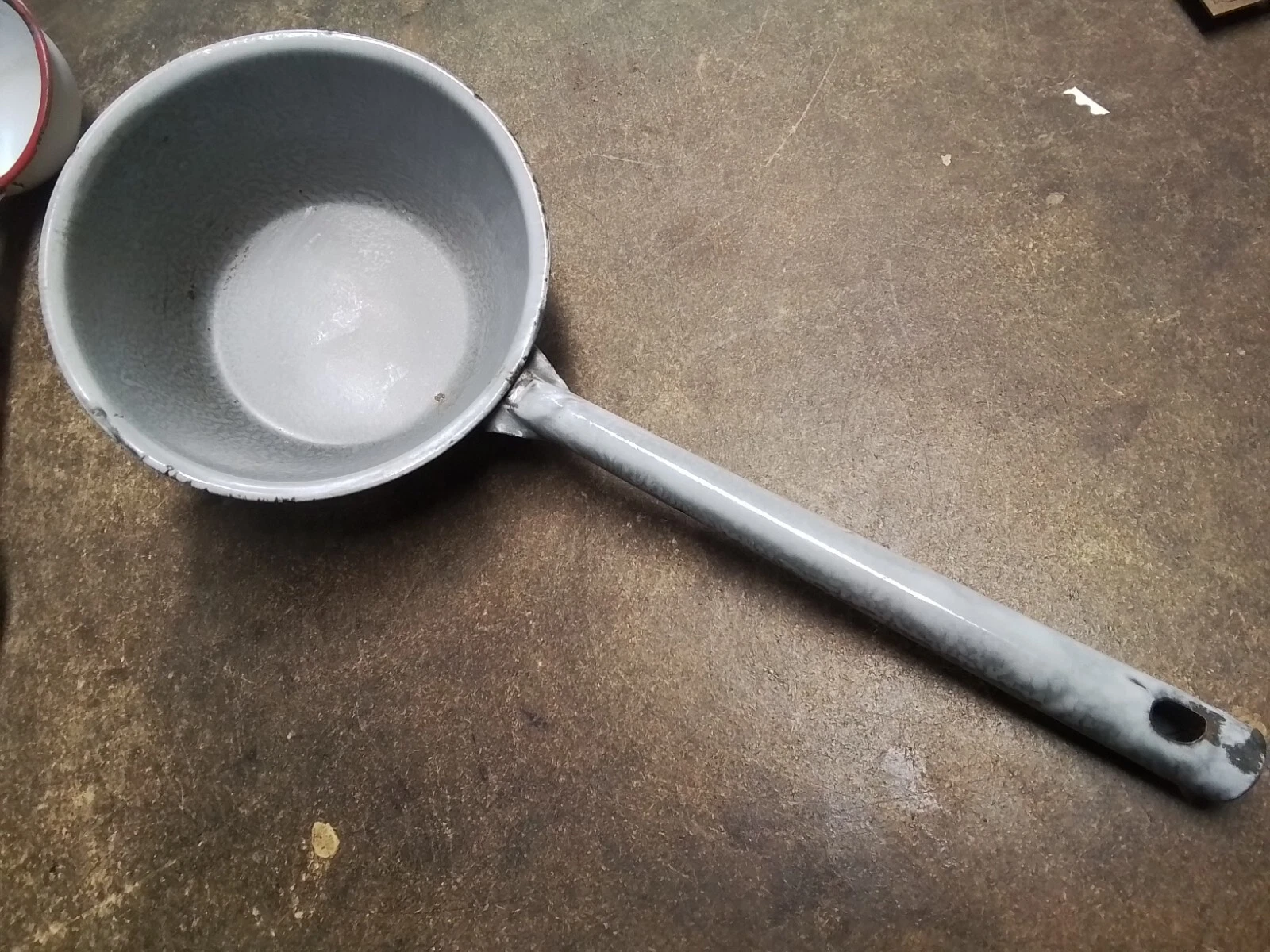Vintage Gray Graniteware Granite Ware Enamel Ware Long handled sauce pan ladle