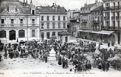 CPA 26 Valence - Place Du Champ De Mars, Le Marché Aux Boeufs (Carte Postale Animée, Années 1900)