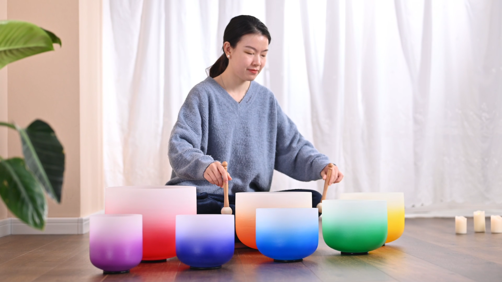 CVNC 432Hz 6"-12" Half Colored Frosted Quartz Crystal Singing Bowl Set ...