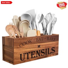 Acacia Wood Utensil Holder for Kitchen Counter,Extra Large Utensils Holder wi...