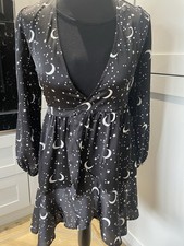 Occult Patterned Tunic Wrap Dress With Long Sleeves, Size S