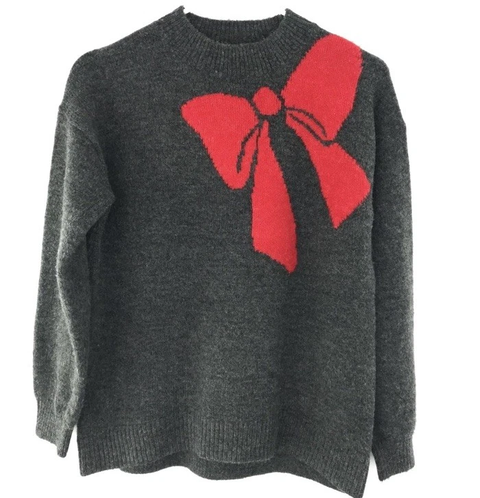 Женский свитер Loft темно-серый красный бант шерстяная смесь размер средний миниатюрный - Изображение 3 из 4