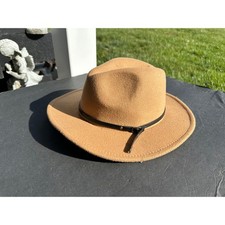 Camel Tan Wide Brim Fedora Hat with Black Buckle Band Cotton Blend