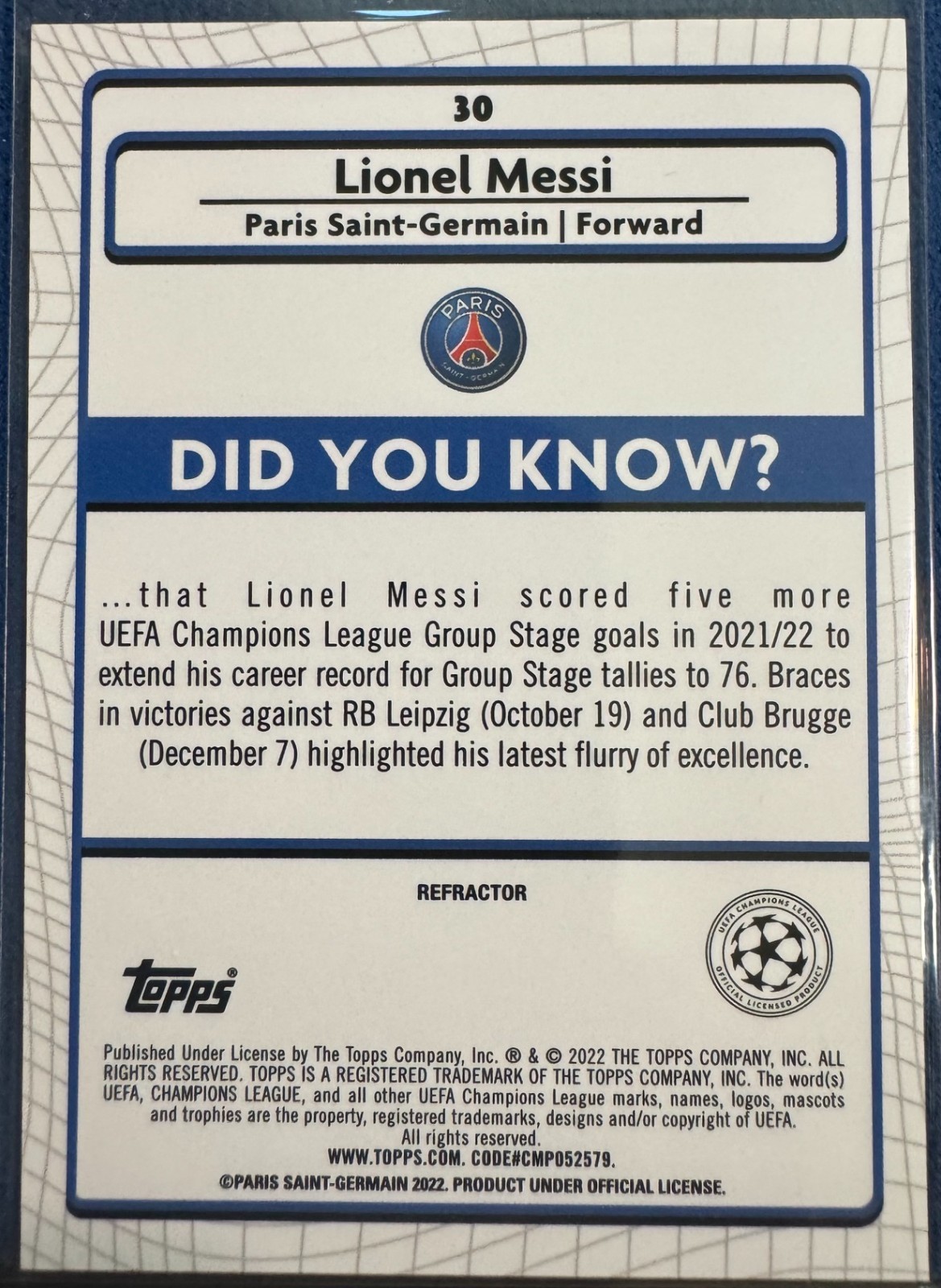 2021-22 Merlin Chrome UEFA #30 Lionel Messi Champions League Refractor view 2