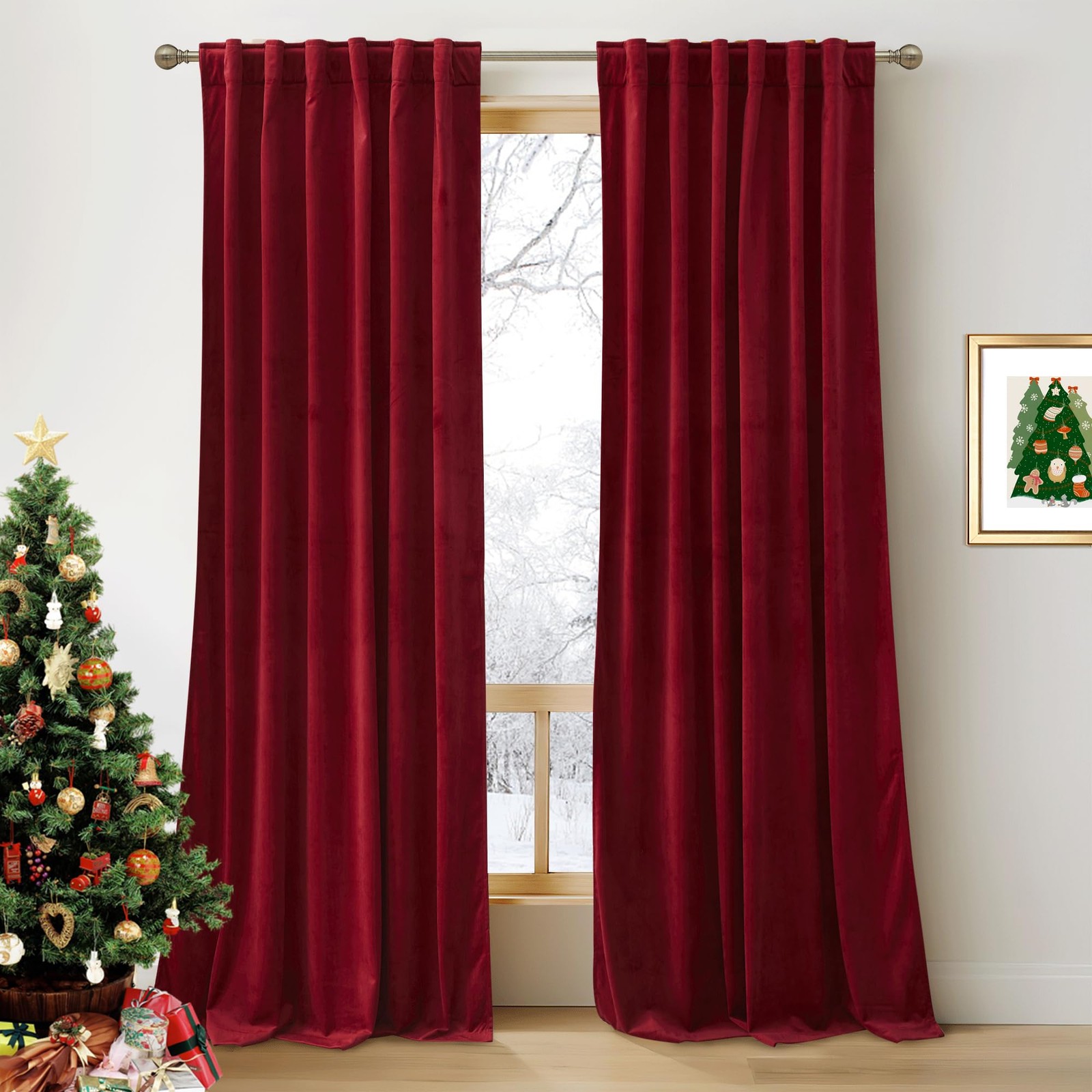 RYB HOME Red Velvet Curtains 84 inches for Bedroom - Light & Heat Block Back ...