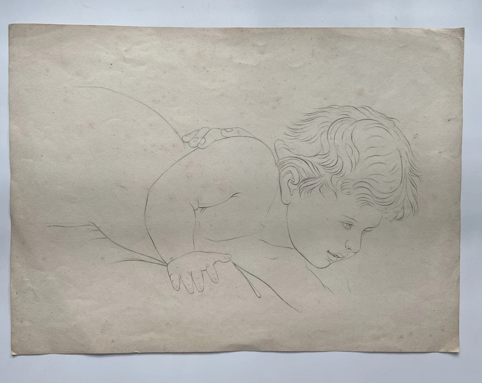 Antique Neoclassical gold frame Drawing of a Cherub in Profile - image 4 of 4