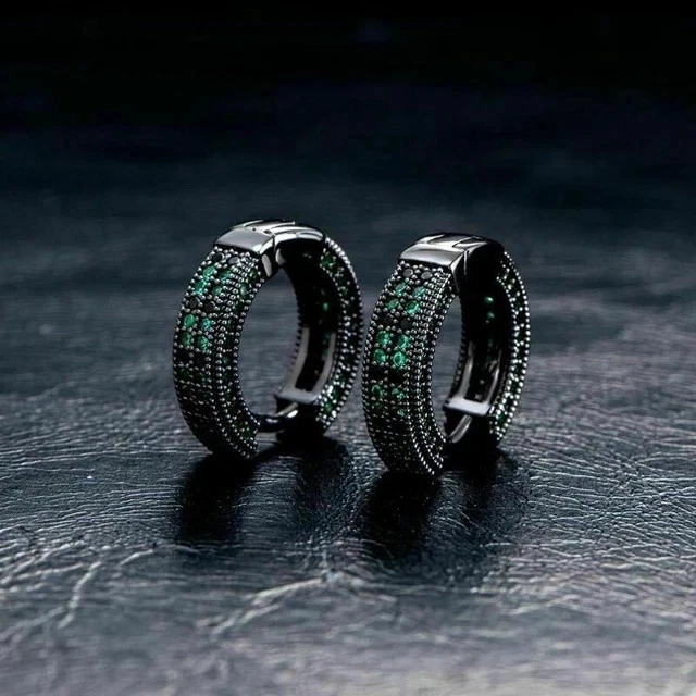 Men's Hoop Earrings 2Ct Round Lab-Created Green Emerald 14K Black Gold Plated - Image 3 of 4