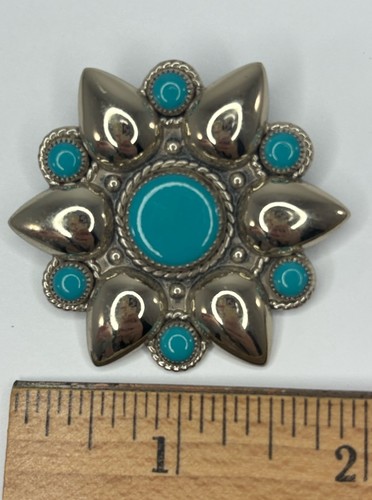 Vintage Flower Brooch Bell Silver Tone Trading Post Signed Faux Turquoise - Picture 2 of 4