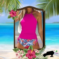 New Beachsissi Tankini Swim Suit Hot Pink Ruched Top W/ Floral Bottoms Womens M