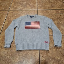 Polo Ralph Lauren American Flag Cotton Knit Sweater Gray Youth MEDIUM 10-12