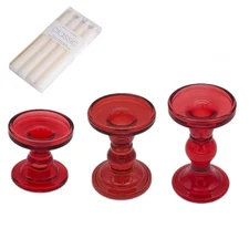 Red Glass Candle Holders Set of 3 Clear Candlestick Holders Vintage Candle St...