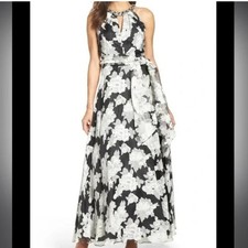 Eliza J black white floral embellished high neck maxi dress gown formal 12 NWT