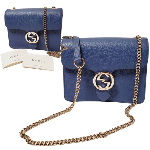 GUCCI BAG 510304 INTERLOCKING G CHAIN BLUE LEATHER CROSSBODY $1,890