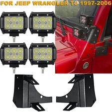 A-Pillar 4Pcs 4" 18W LED Work Light Pod+Mount Bracket for Jeep Wrangler TJ 97-06