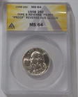1958 ANACS MS 64 WASHINGTON Quarter Nice SILVER FS-901 PROOF Reverse Type B